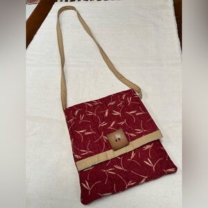 Tan DRAGONFLIES on red Quilted Crossbody/Shoulder Bag, WoodButton Accent.